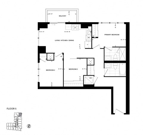 Floor plan for 3 beds, 2 baths, 880 sqft